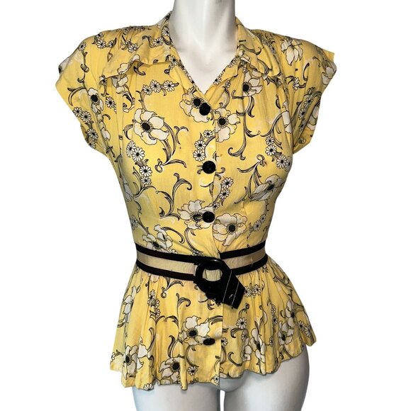 Vtg 40s Womens Yellow Peplum Blouse Floral Anemone Peplum RIbbon Size XS - Picture 1 of 7
